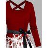 Christmas Snowflake Elk Sleigh Ride Print Crisscross Bowknot Belted Dress And High Heel Faux Fur Boots Plaid Round Earrings Outfit - Rouge foncé S | US 4