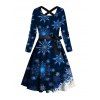 Christmas Snowflake Print Belted Long Sleeve Dress And Lace Up Over The Knee Boots Rhinestone Hook Drop Earrings Outfit - Bleu profond S | US 4