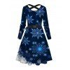 Christmas Snowflake Print Belted Long Sleeve Dress And Lace Up Over The Knee Boots Rhinestone Hook Drop Earrings Outfit - Bleu profond S | US 4