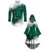 Christmas Ball Snowflake Print Flutter Sleeve High Low Hooded Dress And Long Sleeve Button Up Shirt Matching Outfit