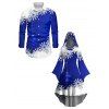 Christmas Ball Snowflake Print Flutter Sleeve High Low Hooded Dress And Long Sleeve Button Up Shirt Matching Outfit