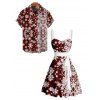 Christmas Snowflake Print Belted Dress and Short Sleeve Button Up Shirt Outfit - Rouge foncé S | US 4