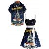 Christmas Tree Snowflake Letter Print Belted Mini Dress And Short Sleeve Button Up Shirt Matching Outfit - Bleu profond S | US 4