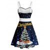 Christmas Tree Snowflake Letter Print Belted Mini Dress And Short Sleeve Button Up Shirt Matching Outfit - Bleu profond S | US 4