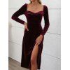 Robe Mi-Longue en Couleur Unie à Taille Haute Poitrine Plissée en Velours - Rouge foncé S | US 4