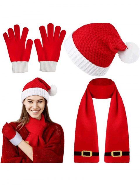 Ensemble Echarpe et de Bonnet D'Hiver de Noël Rayé en Rouge Trois Pièces