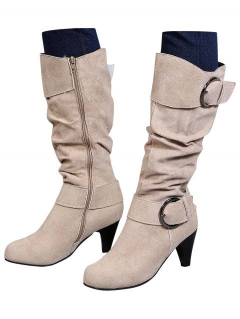 Mid-Calf Suede Belt Buckle High Heel Boots