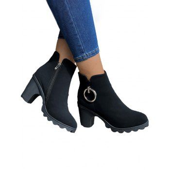Round-Toe O-Ring Decor Chunky Heel Side Zipper Ankle Boots