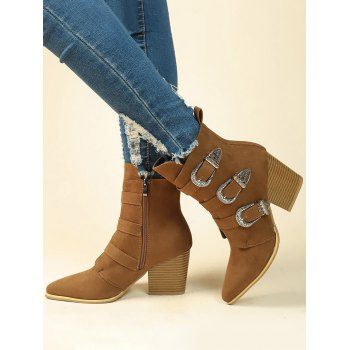 Pointed Toe Buckle Close Side Zipper Ankle Boots