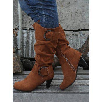 Mid-Calf Suede Belt Buckle High Heel Boots