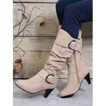 Mid-Calf Suede Belt Buckle High Heel Boots