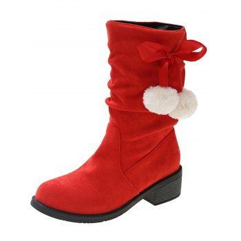 Round Toe Mid-Calf Bowknot Pom-Pom Detail Slouch Boots