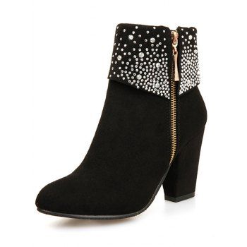 Faux Rhinestones Decor Matte Finish Chunky Heels Ankle Boots