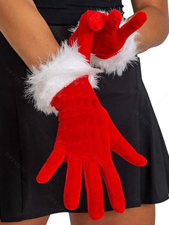 Gants de Soirée de Noël à Bordure en Fausse Fourrure en Velours - Rouge 