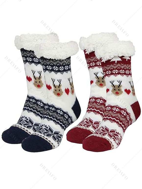 Chaussettes de Noël Cerf et Flocon de Neige Imprimés 2 Paires - multicolor A 