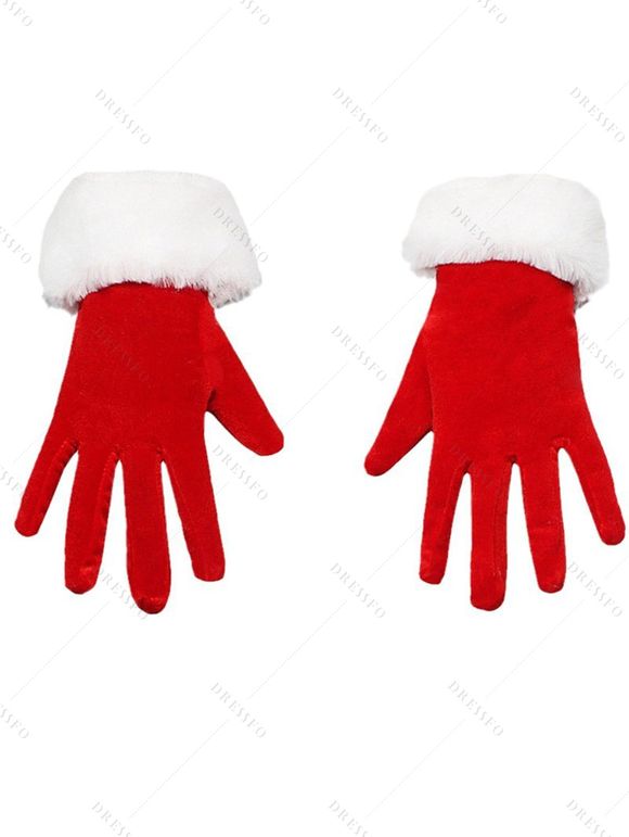 Gants de Noël Courtes à Ourlet Fourré en Velours - Rouge 