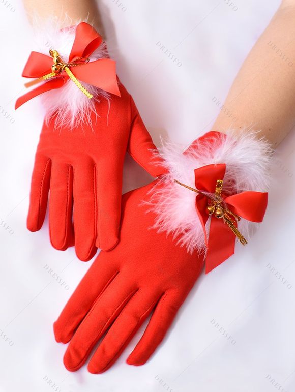 Gants de Noël Plume Cloche avec Nœud Papillon Mignon - Rouge 