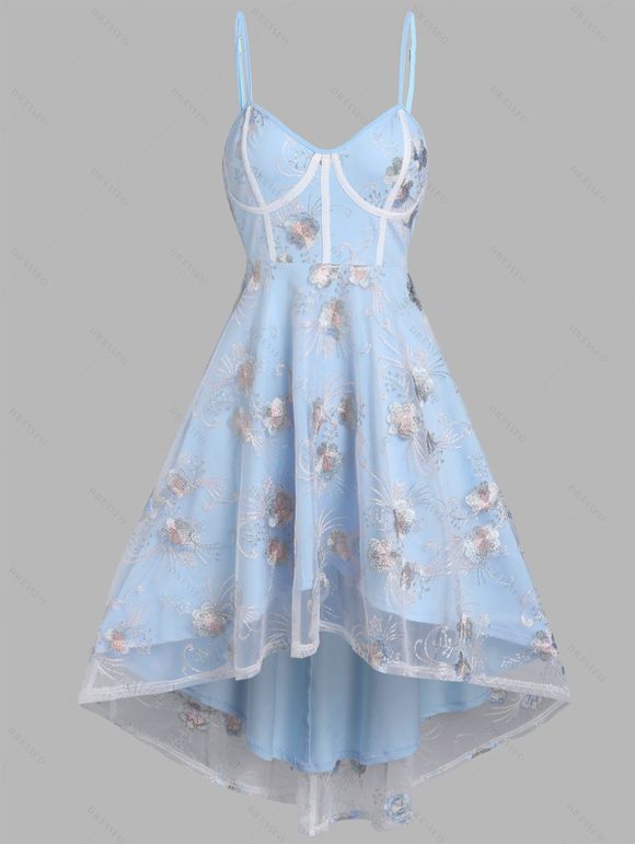 Robe de Soirée Haute Basse à Bretelle Fine Fleur Brodée en Maille en Ligne A - Bleu clair XL