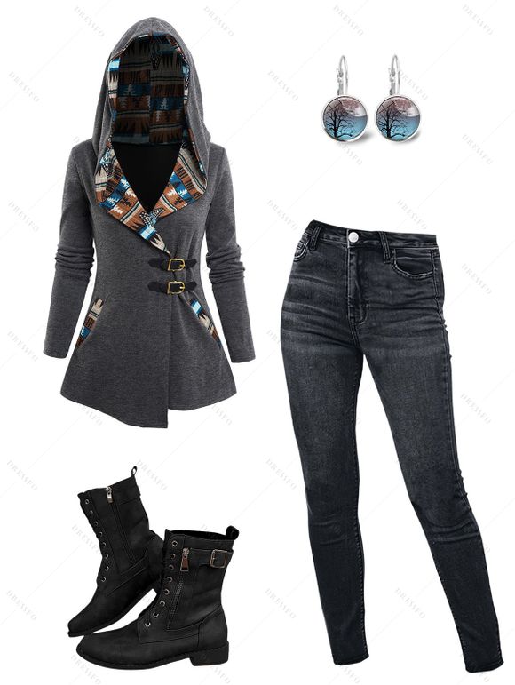 Tribal Print Patchwork Buckle Strap Hooded Top And Dark Wash Pencil Jeans Lace Up Buckle Boots Earrings Outfit - Gris S | US 4