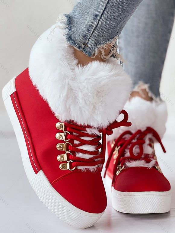 Lace-Up Snow Faux Fur Trim Ankle Boots - Rouge EU 41