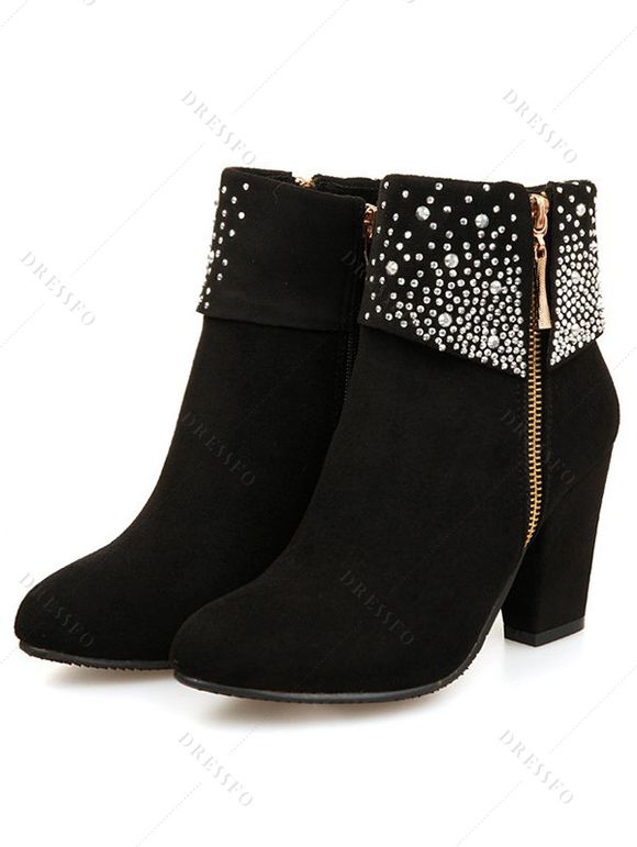 Faux Rhinestones Decor Matte Finish Chunky Heels Ankle Boots - Noir EU 37