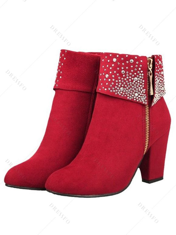 Faux Rhinestones Decor Matte Finish Chunky Heels Ankle Boots - Rouge EU 40