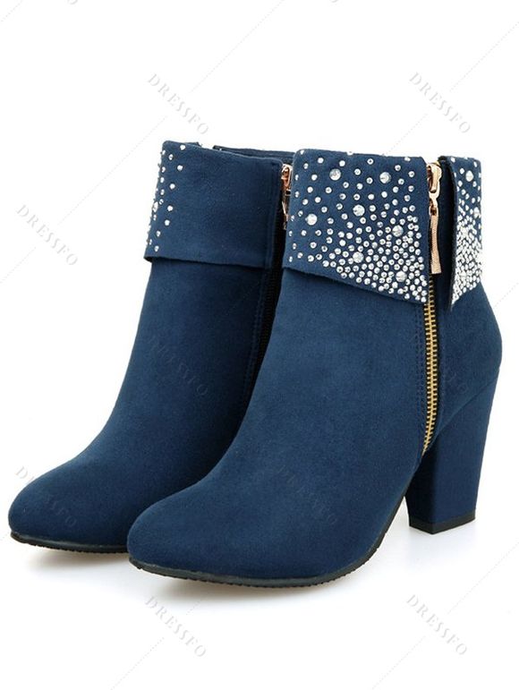 Faux Rhinestones Decor Matte Finish Chunky Heels Ankle Boots - Bleu profond EU 43