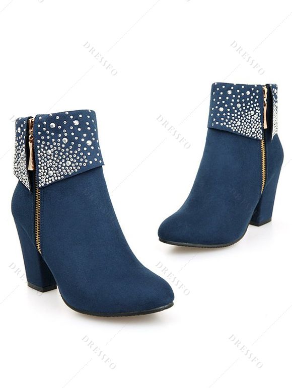 Faux Rhinestones Decor Matte Finish Chunky Heels Ankle Boots - Bleu profond EU 42