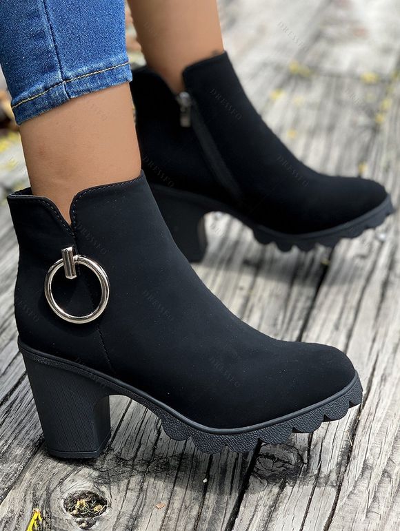 Round-Toe O-Ring Decor Chunky Heel Side Zipper Ankle Boots - Noir EU 43