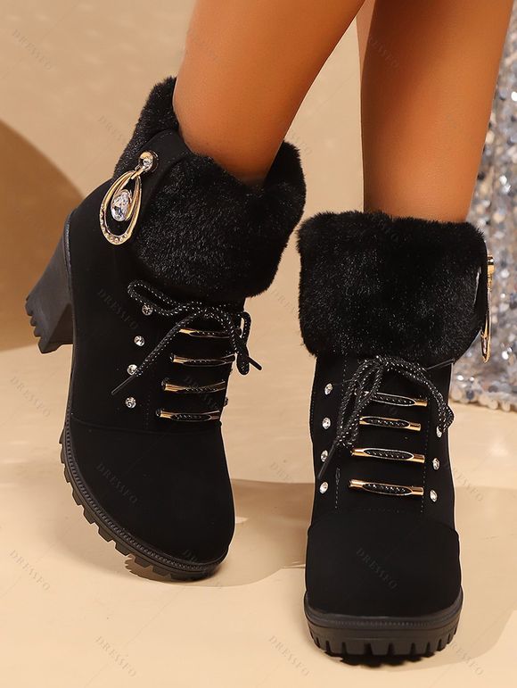 Faux Rhinestone Decorated Chunky Heel Fur Trim Fleece Lining Short Boots - Noir EU 41