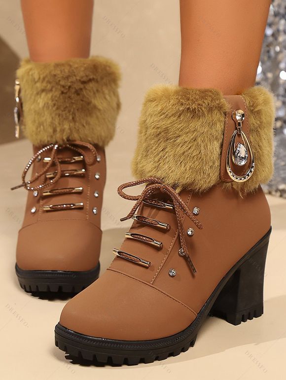 Faux Rhinestone Decorated Chunky Heel Fur Trim Fleece Lining Short Boots - café EU 43