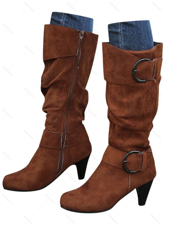 Mid-Calf Suede Belt Buckle High Heel Boots - café EU 42