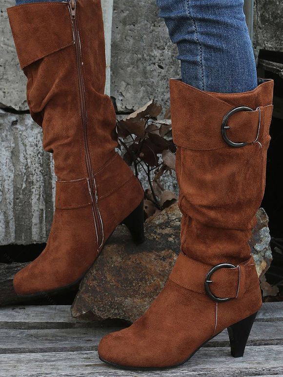 Mid-Calf Suede Belt Buckle High Heel Boots - café EU 39