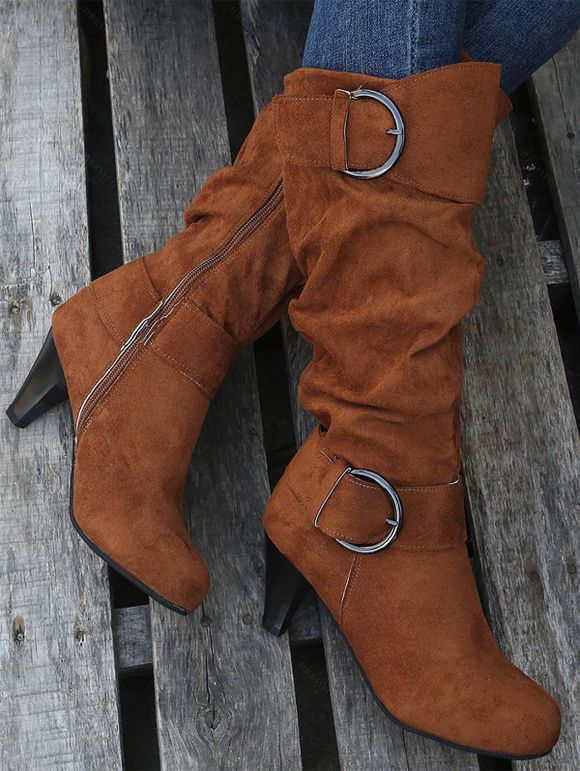 Mid-Calf Suede Belt Buckle High Heel Boots - café EU 39