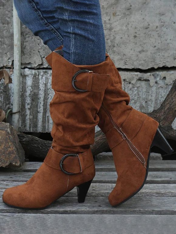 Mid-Calf Suede Belt Buckle High Heel Boots - café EU 39