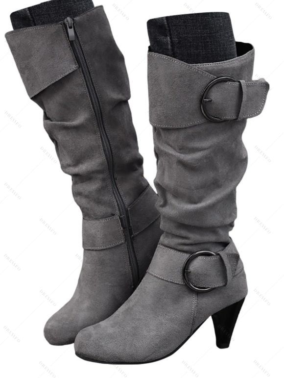 Mid-Calf Suede Belt Buckle High Heel Boots - Gris Foncé EU 43