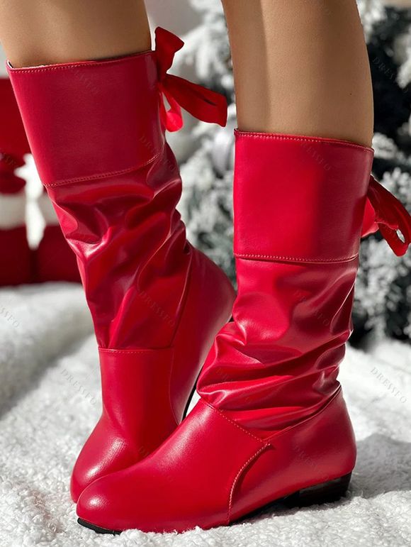 Low Heel Round Toe Warm Back Tie Mid-Calf Knight Boots - Rouge EU 43