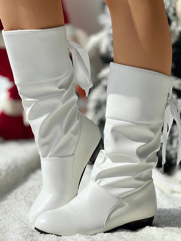 Low Heel Round Toe Warm Back Tie Mid-Calf Knight Boots - Blanc EU 37