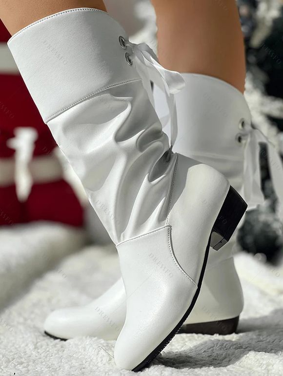 Low Heel Round Toe Warm Back Tie Mid-Calf Knight Boots - Blanc EU 37