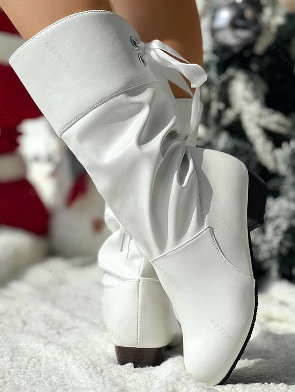 Low Heel Round Toe Warm Back Tie Mid-Calf Knight Boots - Blanc EU 37