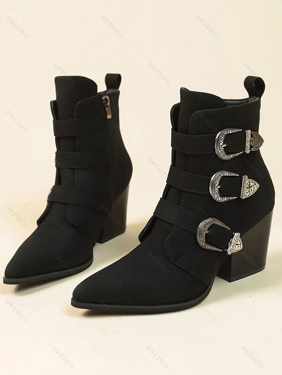 Pointed Toe Buckle Close Side Zipper Ankle Boots - Noir EU 39