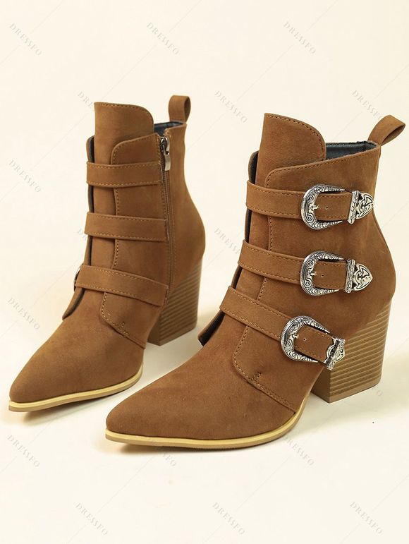 Pointed Toe Buckle Close Side Zipper Ankle Boots - café EU 43