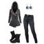 Tribal Print Patchwork Buckle Strap Hooded Top And Dark Wash Pencil Jeans Lace Up Buckle Boots Earrings Outfit - Gris S | US 4