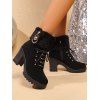 Faux Rhinestone Decorated Chunky Heel Fur Trim Fleece Lining Short Boots - Noir EU 41