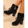 Faux Rhinestone Decorated Chunky Heel Fur Trim Fleece Lining Short Boots - Noir EU 41