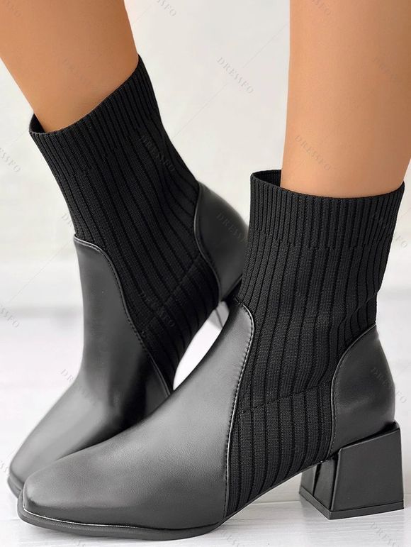 Chunky Heel Square Toe Knit Slim-Fit Martin Mid-Heel Stretch Ankle Boots - Noir EU 43