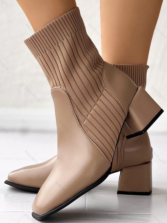 Chunky Heel Square Toe Knit Slim-Fit Martin Mid-Heel Stretch Ankle Boots - café lumière EU 37