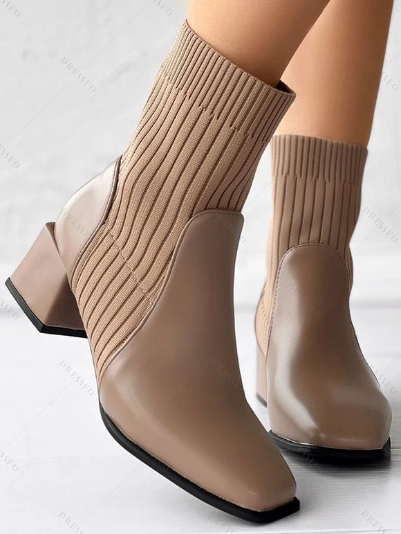 Chunky Heel Square Toe Knit Slim-Fit Martin Mid-Heel Stretch Ankle Boots - café lumière EU 37