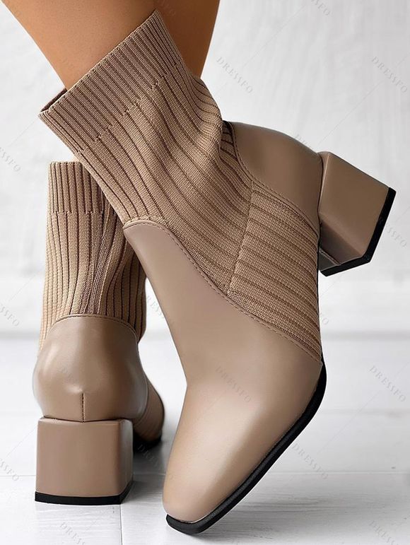 Chunky Heel Square Toe Knit Slim-Fit Martin Mid-Heel Stretch Ankle Boots - café lumière EU 37