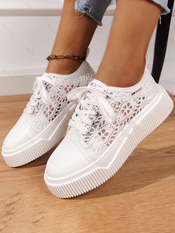 Mesh Platform Lace-Up Breathable Versatile Casual Flat Shoes - Blanc EU 43